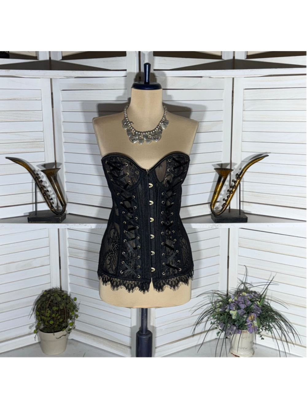 NWT black sheer lace corset mesh paisley floral ribbon padded whimsigoth Punk L